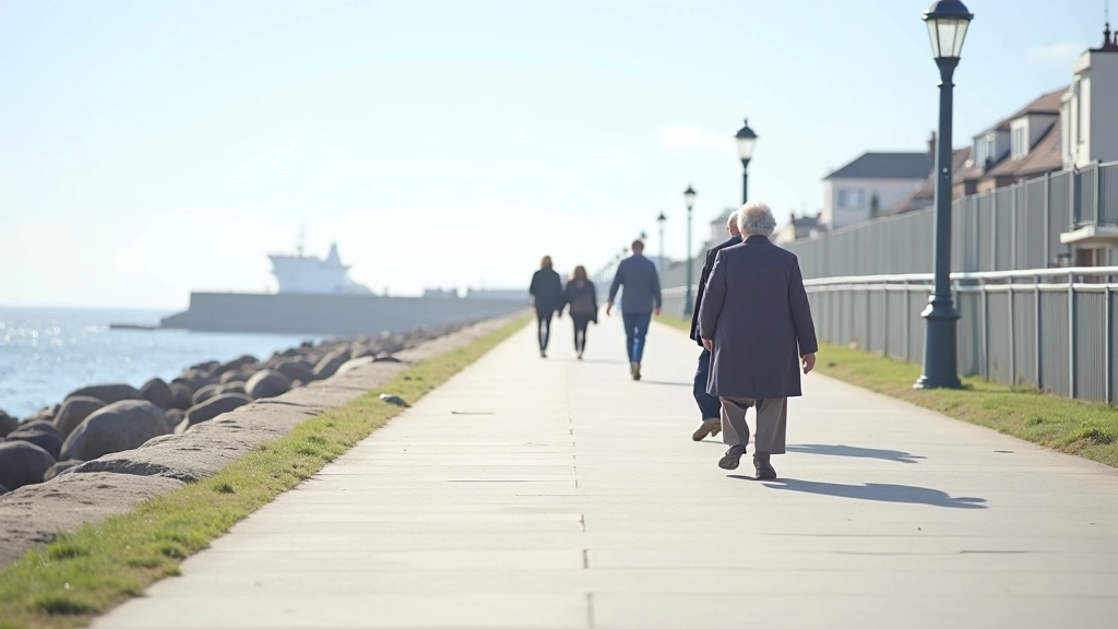 Accessible pathway on coastal promenade, wide smooth surface suitable for walking aids, clear markings, flat terrain, bright conditions, people walking