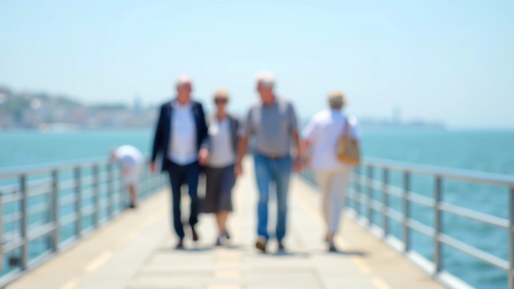 Group of retirees walking along Dún Laoghaire East Pier with blue sea in background