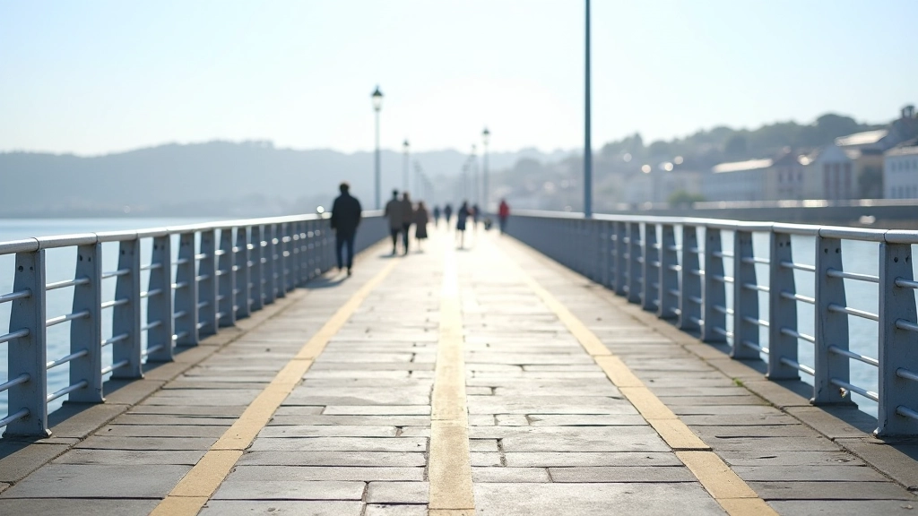 Wide view of Dún Laoghaire pier pathway showing clear markings, sturdy metal railings, and safe walking surface on bright morning
