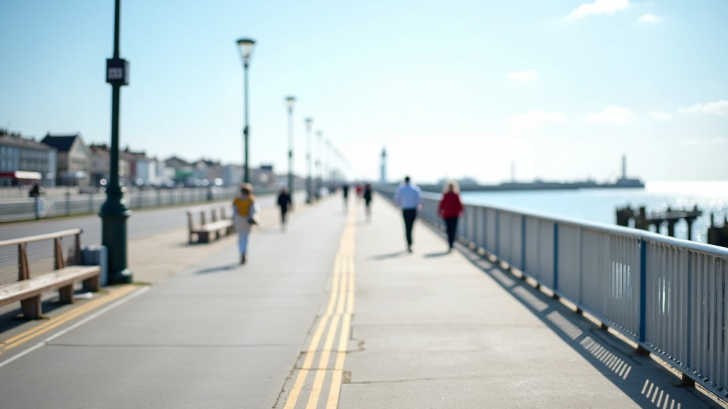 Coastal promenade pathway with clear signage, people walking at distance, good visibility, daytime lighting
