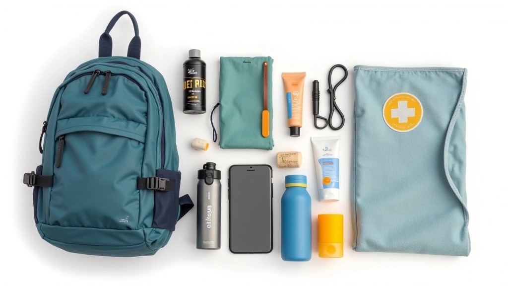 Walking backpack laid out with organized contents including water bottle, sunscreen, first aid kit, and mobile phone on white background