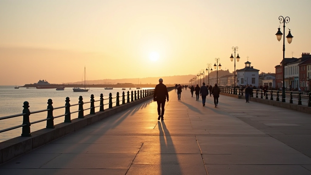 Scenic seafront promenade at Dún Laoghaire with boats in harbour and coastal walkway