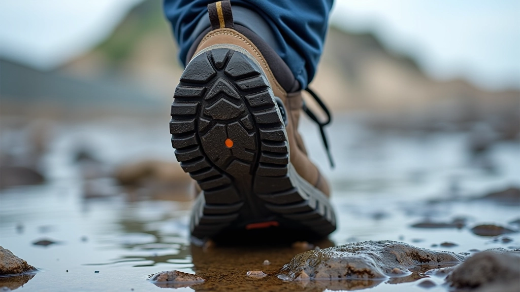 Close-up of hiking boot sole showing deep tread pattern on wet stone surface, outdoor lighting