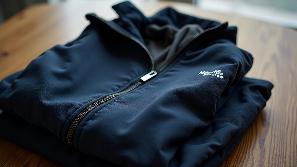 Layered clothing items neatly arranged on wooden surface including fleece, windproof jacket, and thermal base layer, soft natural lighting