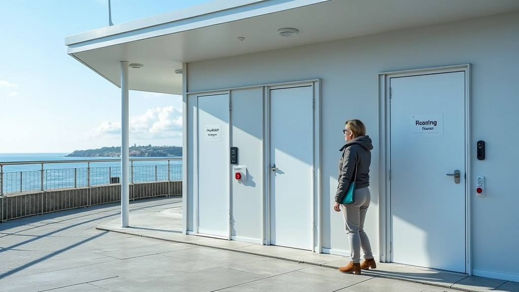 Public restroom facility building on coastal promenade, clean entrance with signage, modern architecture, daytime lighting, clear surroundings