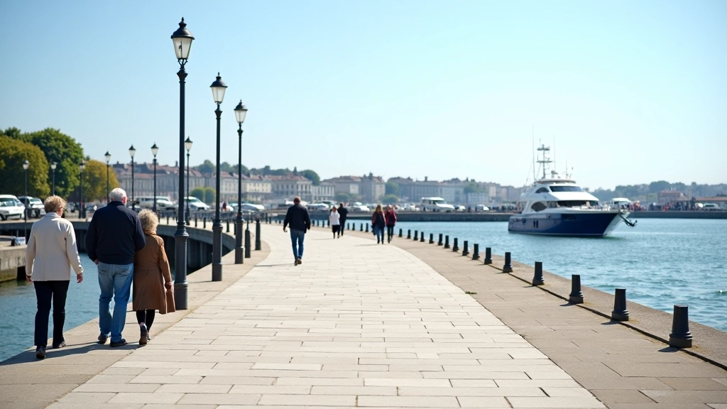 Wide paved pathway along Dún Laoghaire harbour with water on one side and buildings on the other, clear weather