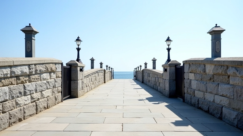 Entrance gates to Dún Laoghaire East Pier with visitor facilities and harbour basin visible beyond
