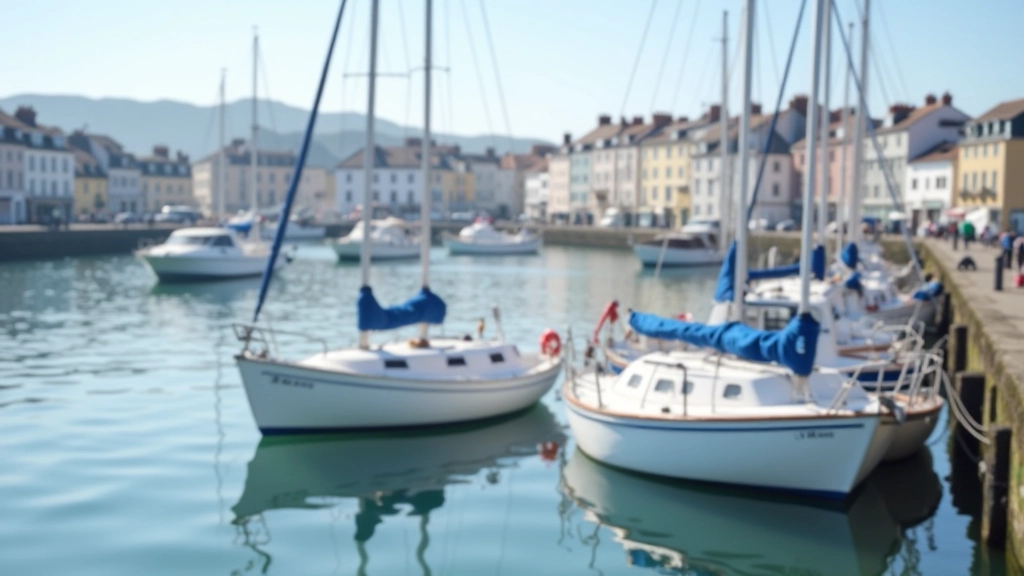 Harbour boats moored in calm water, reflections visible, residential buildings in background, clear day