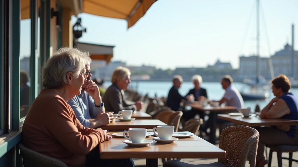 Coastal café terrace with outdoor seating, tables and chairs overlooking harbour, people enjoying beverages, bright daylight, water view in background