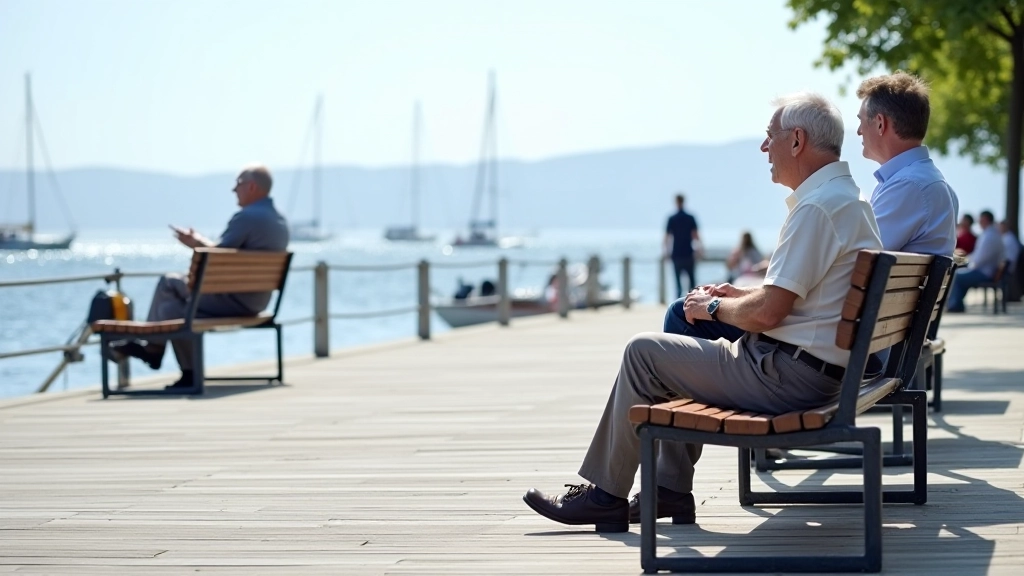 Waterfront seating area with multiple benches overlooking Dún Laoghaire harbour, people seated enjoying coastal views, blue water and distant shoreline