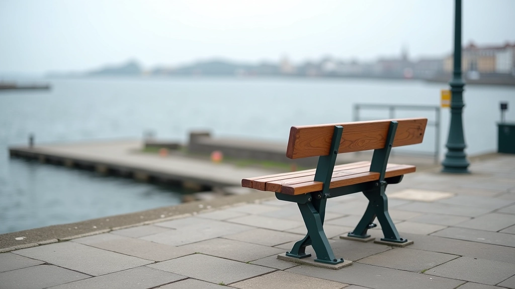 Wooden benches positioned along the seafront with harbour views, calm waters, peaceful setting
